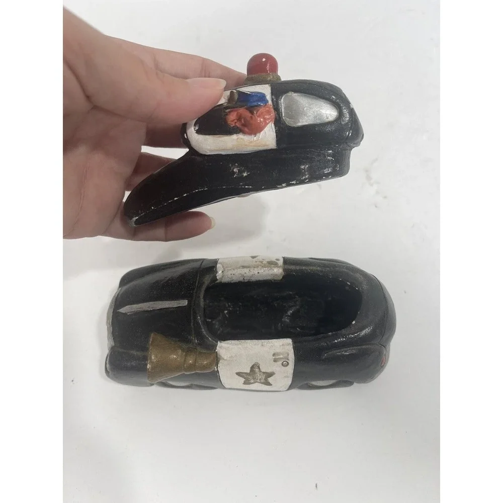 Vintage City Police Car Ceramic Ashtray Figurine Black Car Paperweight Top Opens